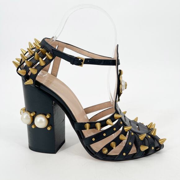 Gucci Black Leather Kendall Studded Pearl Embellished Cage Block Heels EU 39 - Picture 6 of 16